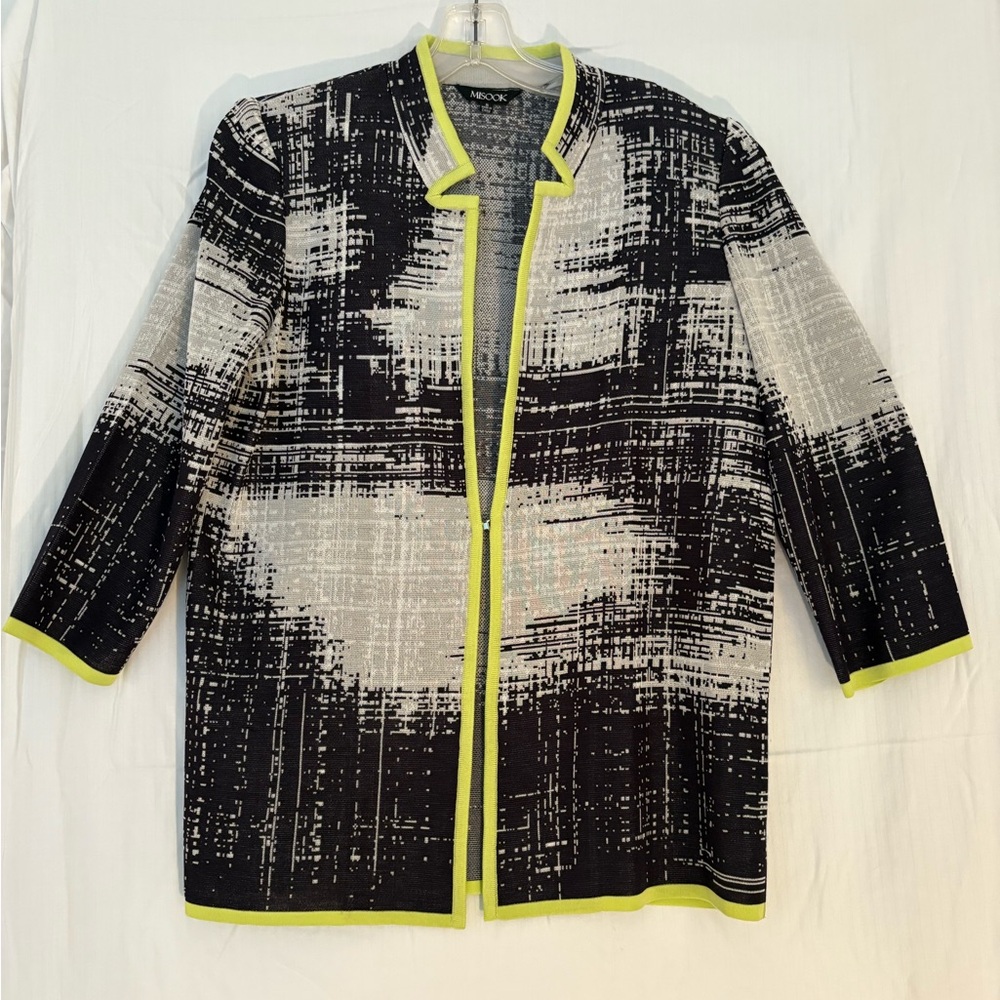 Misook Abstract Print Knit Jacket with Chartreuse Trim – Size S